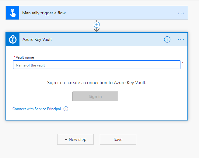 Screenshot of an Azure Key Vault action in the Power Automate flow designer.