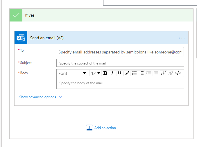 Screenshot of the Send an email (V2) action.