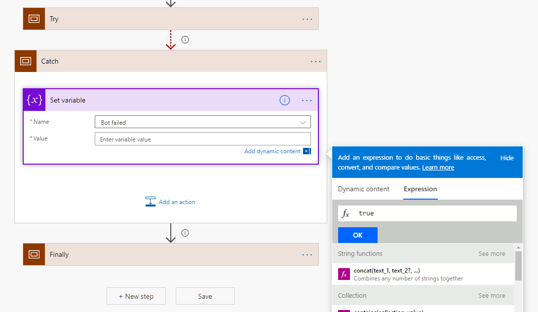 Screenshot of the Set variable action and Expression dialogs.