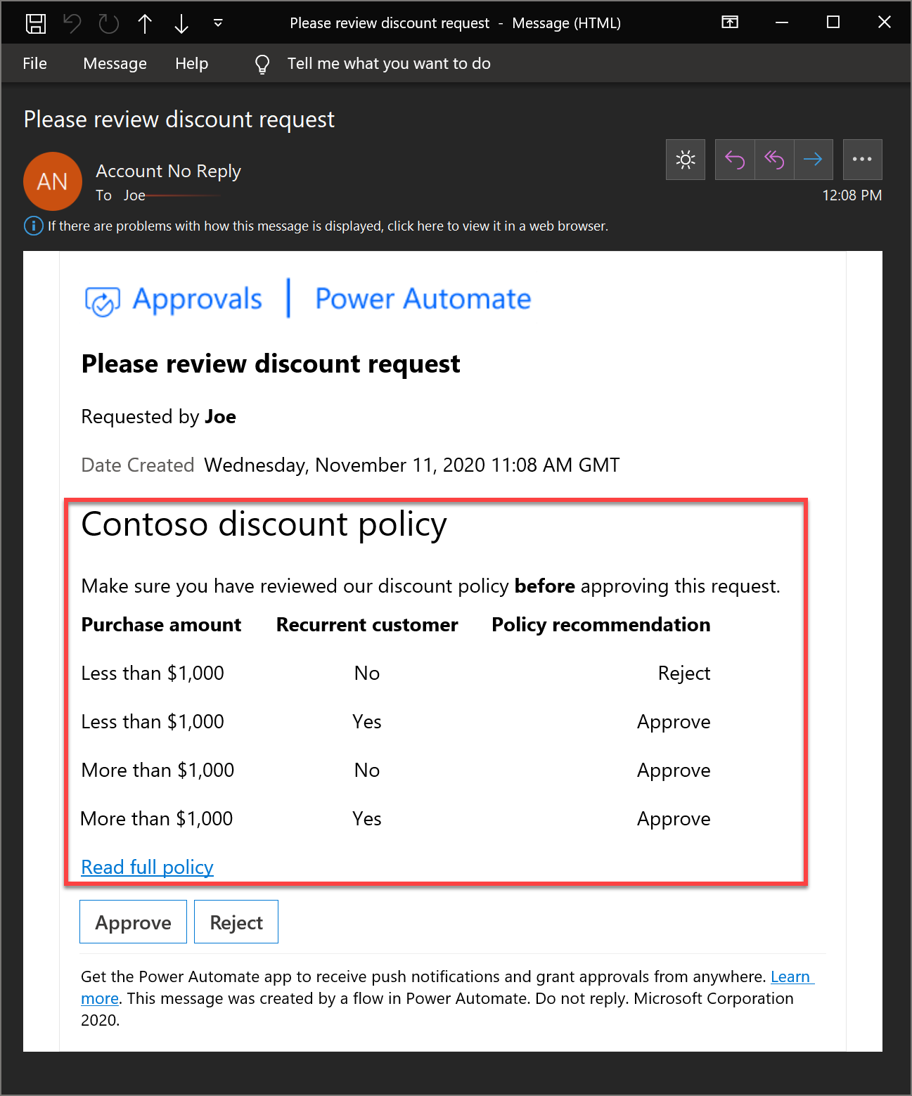 Approval request in Outlook.