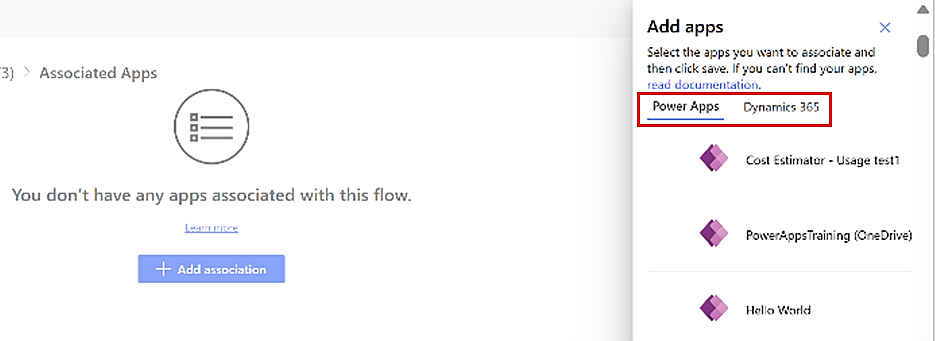 Screenshot of the Power Apps and Dynamics 365 tabs.