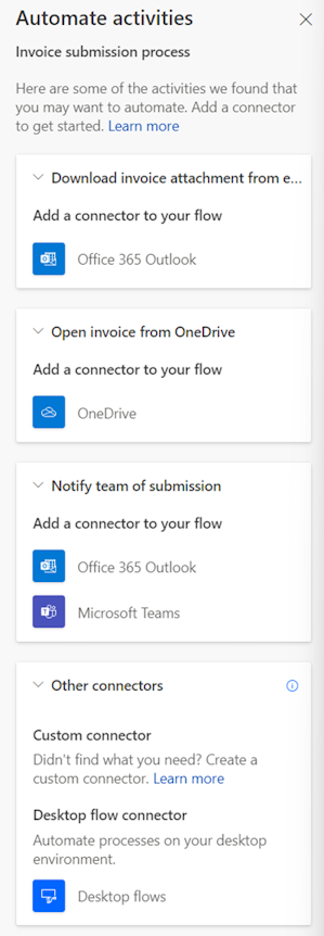 Screenshot of the Automate activities options.