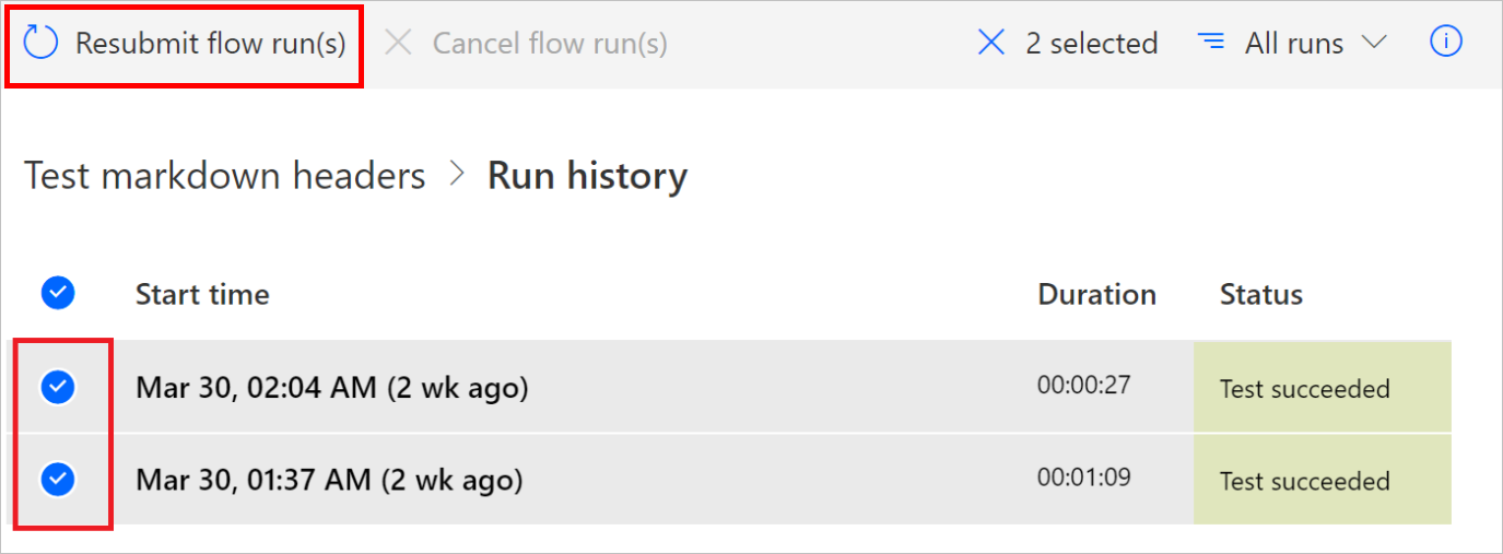 Screenshot that displays the selected runs for the selected flow.