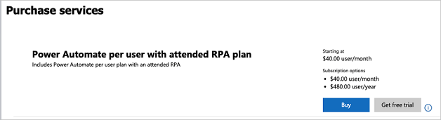 Screenshot of the per user plan with attended RPA.