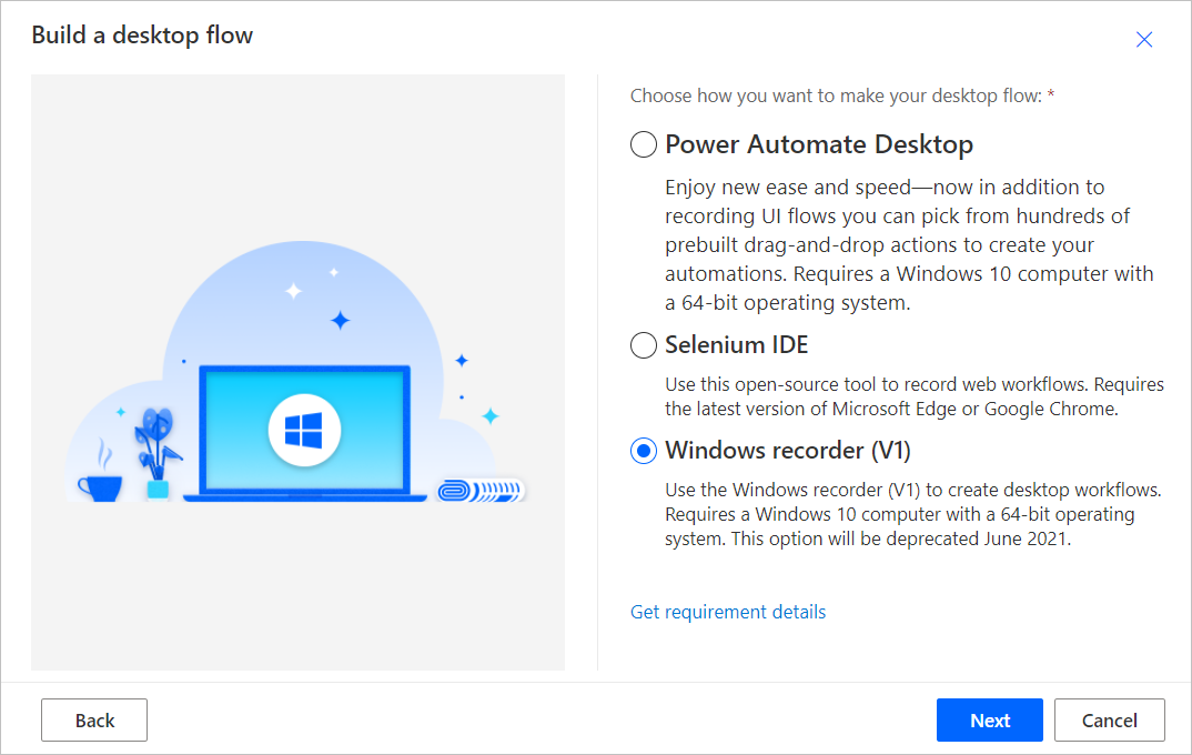 Screenshot of the Windows recorder (V1) option in the Build a desktop flow dialog.