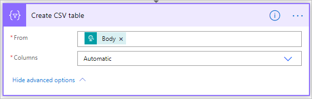 Screenshot of Configuring the Create CSV table action. From is set to Body, and Columns is set to Automatic.