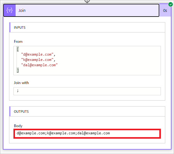 Screenshot of input of addresses separated by commas, a Join with value of semicolon, and output of those addresses separated by semicolons.