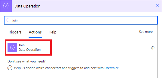 Screenshot of searching for and selecting the join action.