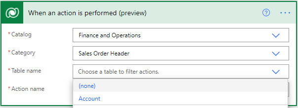 Screenshot of the "When an action is performed" trigger in the Power Automate cloud flow designer