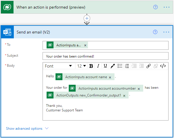 Screenshot of using outputs from the "When an action is performed" trigger in the Power Automate cloud flow designer
