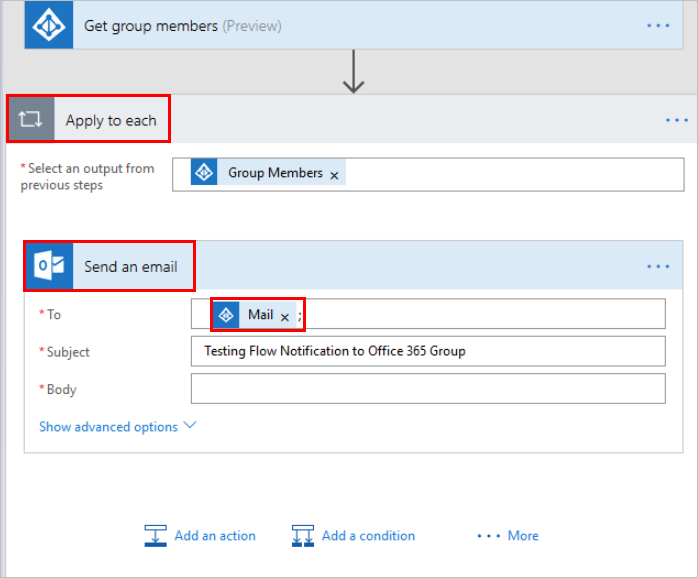 Screenshot of a cloud flow that gets all group members and then sends email to each member.