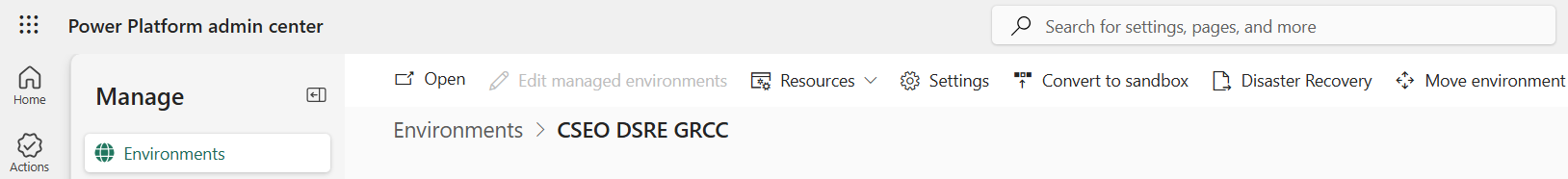 Screenshot of the environment in Power Platform admin center.