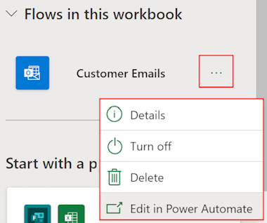 Screenshot of the flow management tool options in Excel for the web.