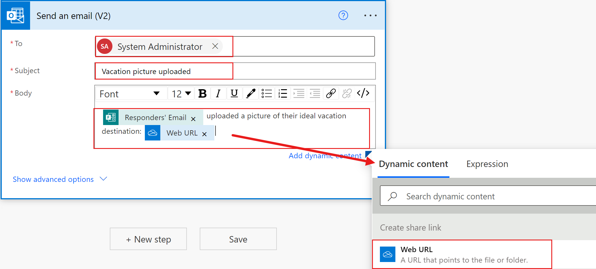 Screenshot of an Outlook send email action in a flow under construction, with custom information and dynamic content highlighted.