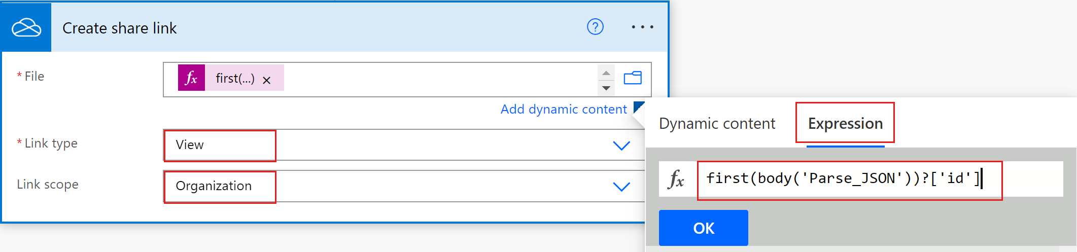 Screenshot of a OneDrive Create share link action in a flow under construction, with the form's uploaded file, link type, and link scope highlighted.