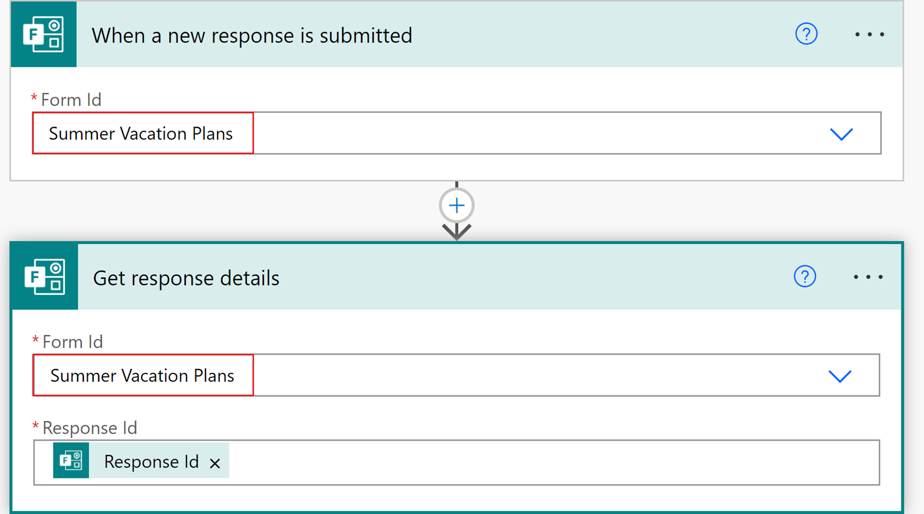Screenshot of a Forms trigger and action in a flow under construction, with the form ID highlighted in each.