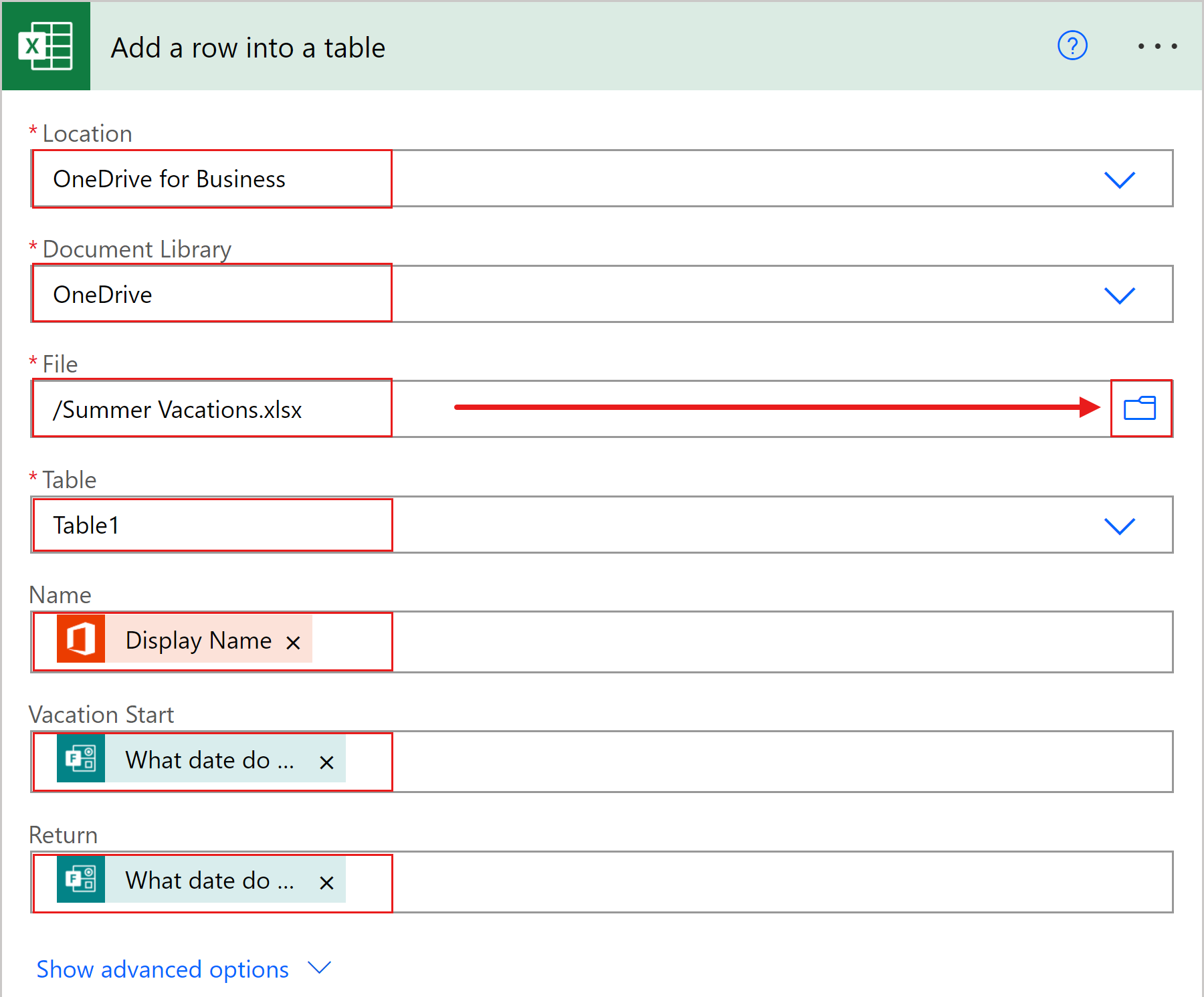 Screenshot of an Excel Add row into a table action in a flow under construction, with dynamic content highlighted.