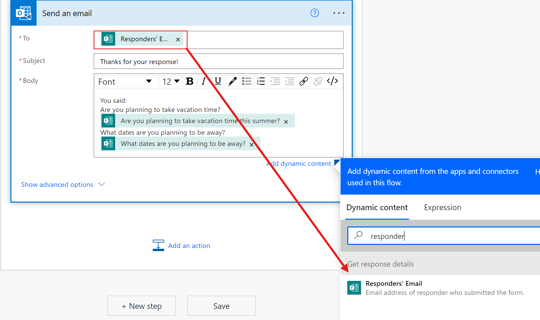 Screenshot of an Outlook send email action in a flow under construction, with the responder's email address highlighted.