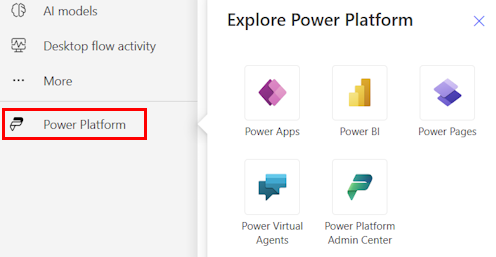 Screenshot of Power Platform services.