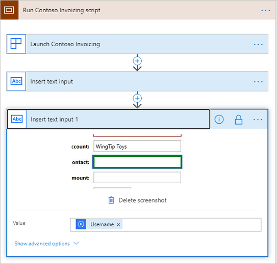 Screenshot of the expanded Insert text input 1 action.