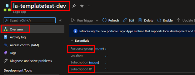 Screenshot of the Logic Apps Overview page with resource group and subscription information highlighted.