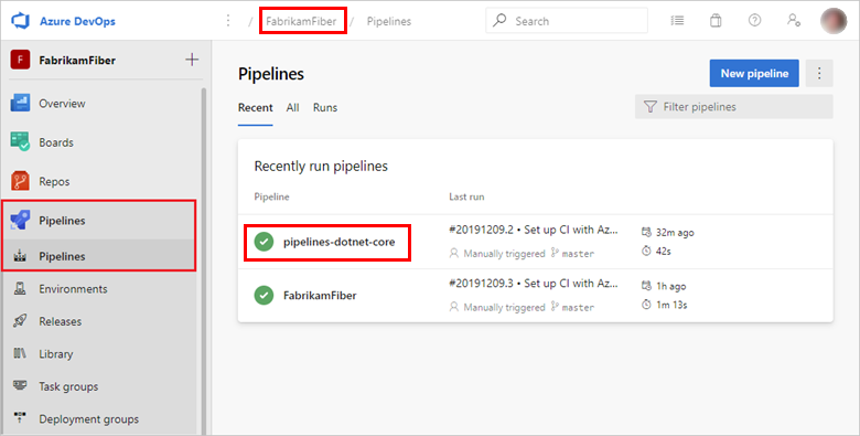 Screenshot of the Azure Pipelines page with organization and pipeline name highlighted.