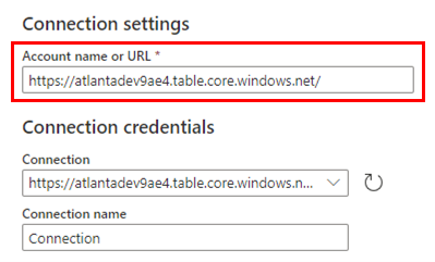 Screenshot of the Connection settings screen, with the Account name or URL field highlighted.