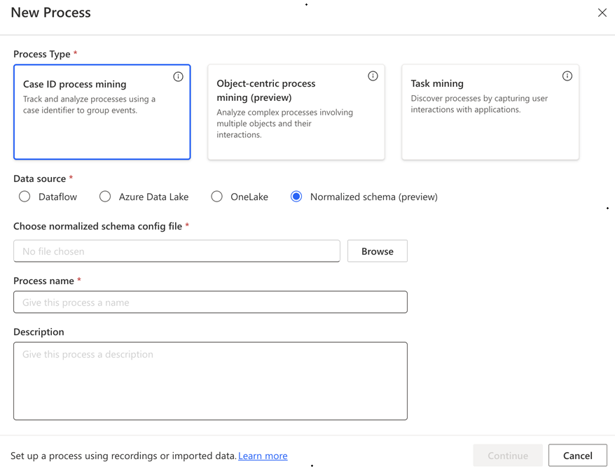 Screenshot of New Process dialog with Case ID process mining and Normalized schema data source selected.