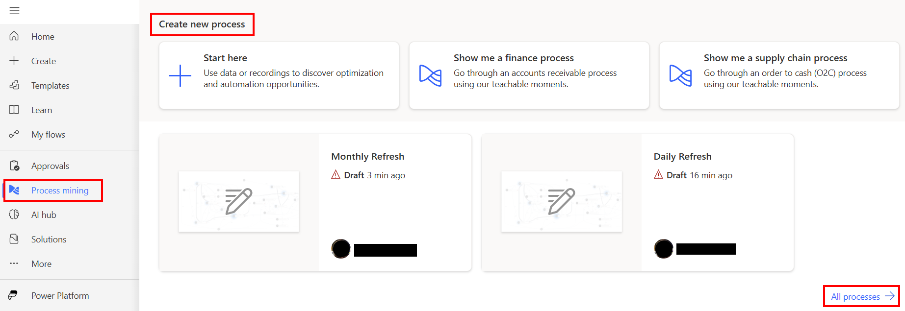 Screenshot of how to select your process with the process intelligence experience.