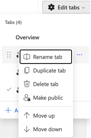 Screenshot of the tab context menu options in the process intelligence experience.