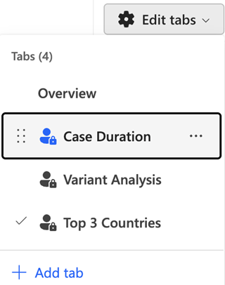 Screenshot of the Edit tabs menu in the process intelligence experience.