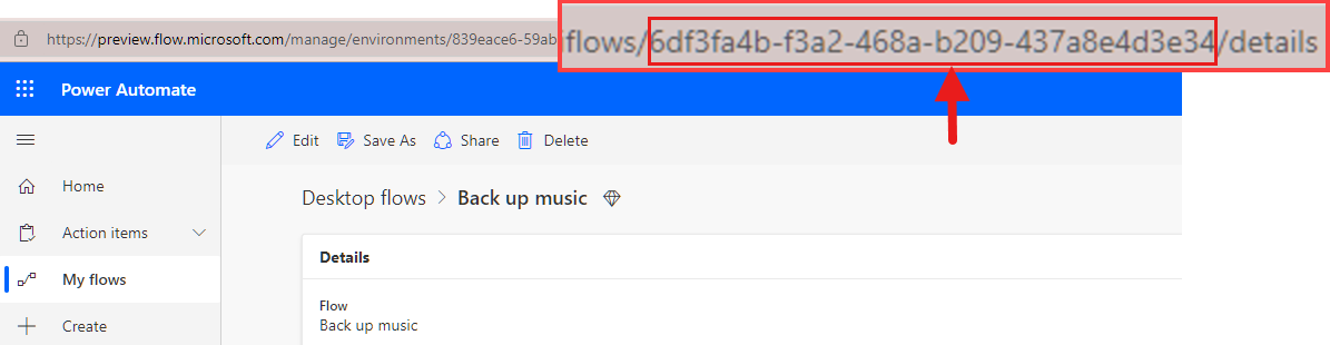 Screenshot of a flow URL with the Flow ID highlighted.