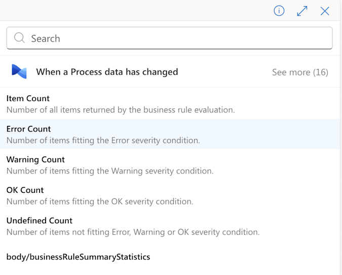 Screenshot showing the available data fields supplied by the Process Mining trigger.