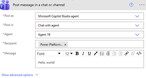 Screenshot showing a Copilot Studio agent message in the 'Post message in a chat or channel' action.