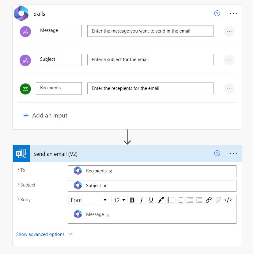 Example flow using the Run from Copilot trigger, the Outlook connector's Send an email V2 action, and the Respond to Copilot action.