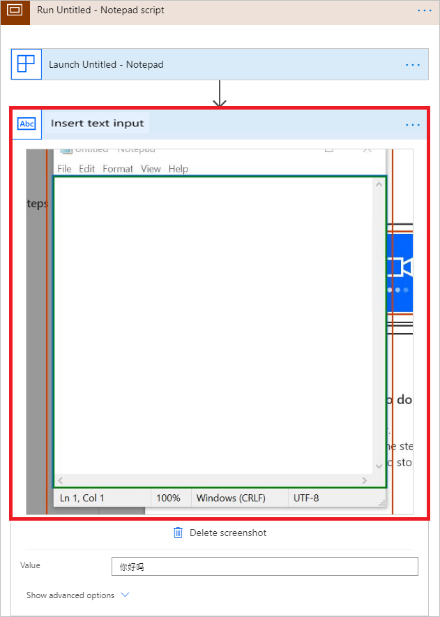 Screenshot of the expanded Insert text input action.