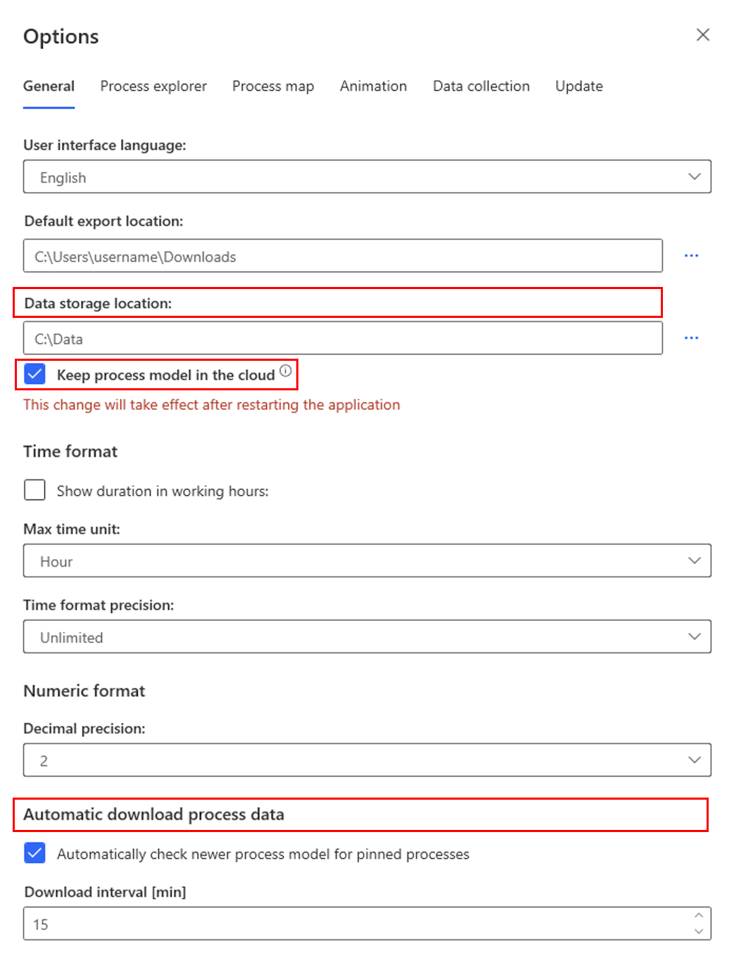 Screenshot of the 'Options' screen with 'Keep process model in cloud option' checked.