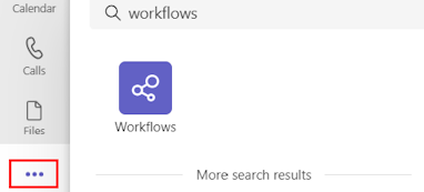 Screenshot of searching for the Workflows app in Teams.
