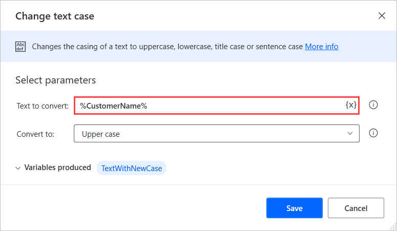 Screenshot of the percentage notation in a Change text case action's field.