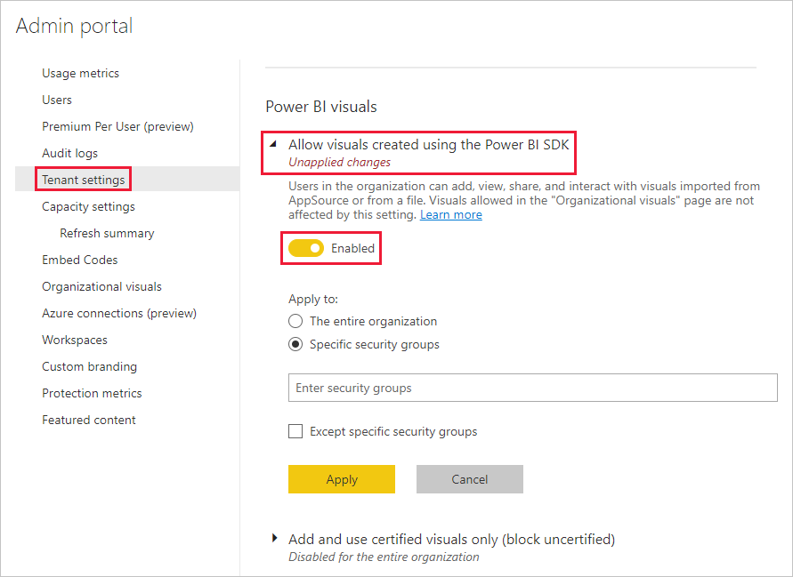 A screenshot showing the tenant settings menu in the Power BI admin settings. In the Power BI visuals section, the allow visuals created by using the Power BI S D K option is expanded, and the enabled button is turned on.