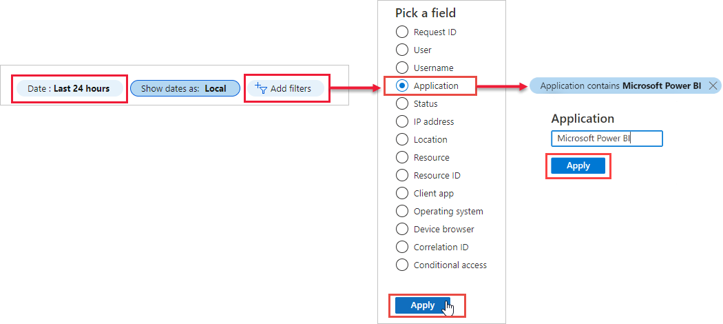Screenshot of the Sign-in filter with the Application field highlighted.