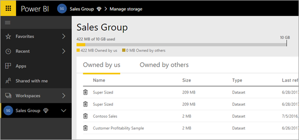 Screenshot of the Manage storage, showing how much the Sales Group's storage limit has been used.