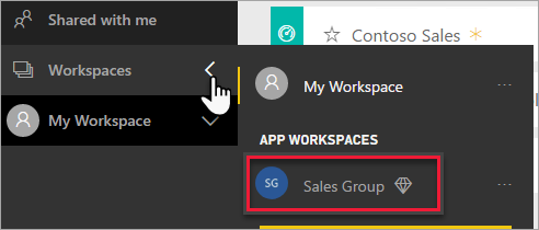 Screenshot of the Workspace selection, showing the Sales Group workspace.