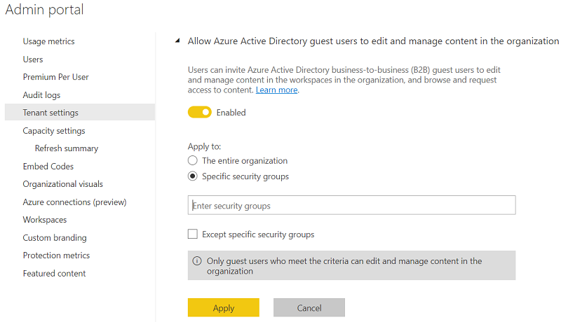 Screenshot that shows the Allow Azure A D guest users to edit and manage content in the organization.