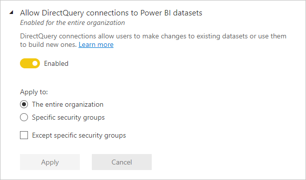 Screenshot of the allow DirectQuery connections to Power BI datasets tenant setting.