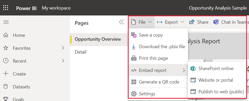 Screenshot that shows the Publish to web option.