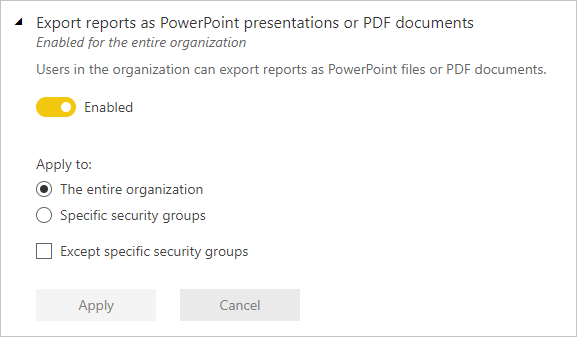 Screenshot of export reports as PowerPoint or PDF documents.