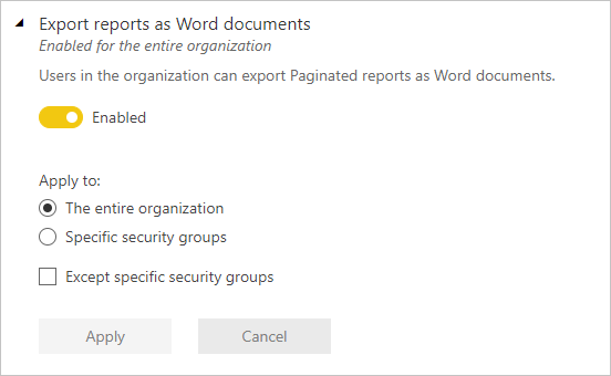 Screenshot of export to Word setting.
