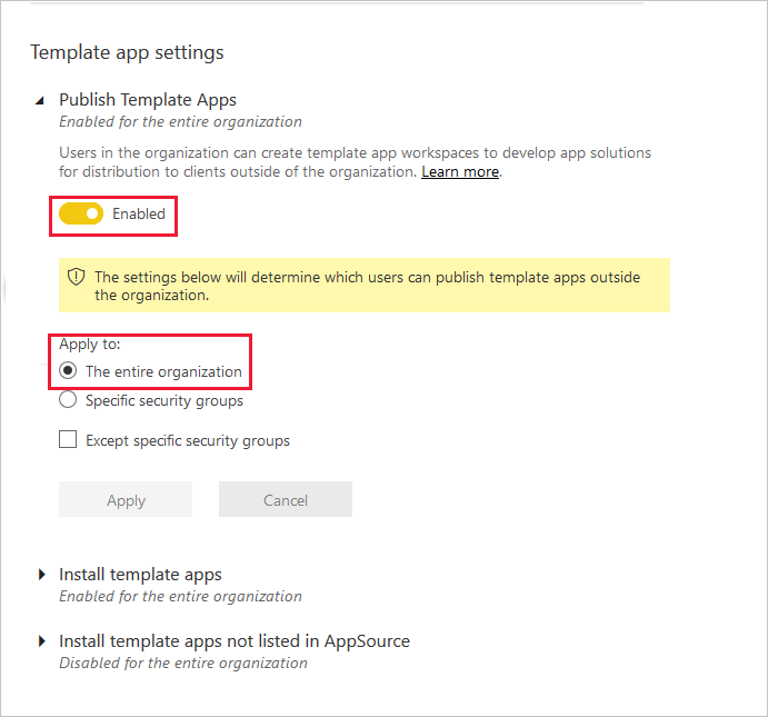 Publish template apps setting enabled for entire organization