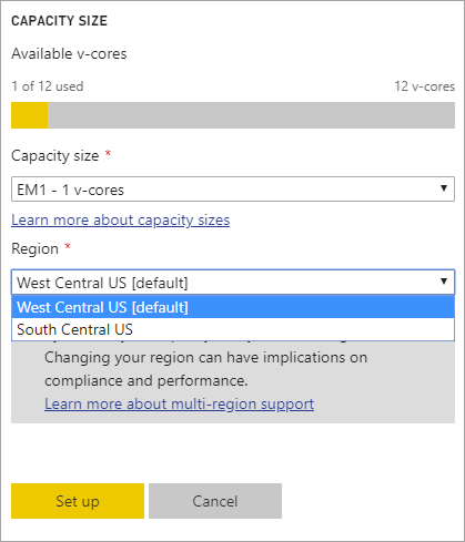 Screenshot showing the capacity size settings screen, used to change capacity size and region.